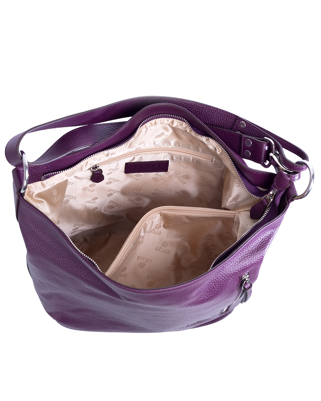 utua roihu tumman liila nahkalaukku sisalta