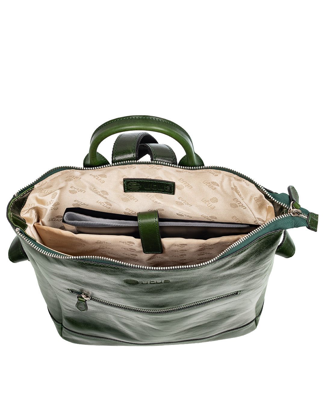 Suomalainen vihrea reppu Utua Themis Exclusive kasviparkittu sisalta