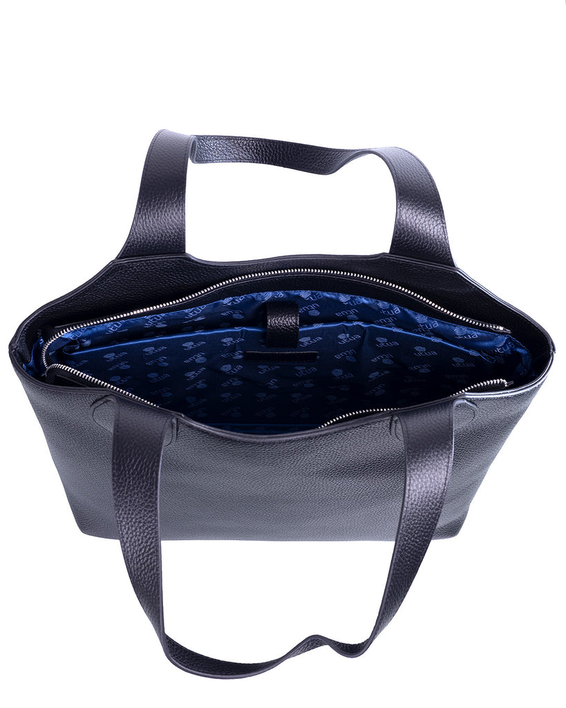 musta irene nahkainen tyolaukku tote bag sisalta utua